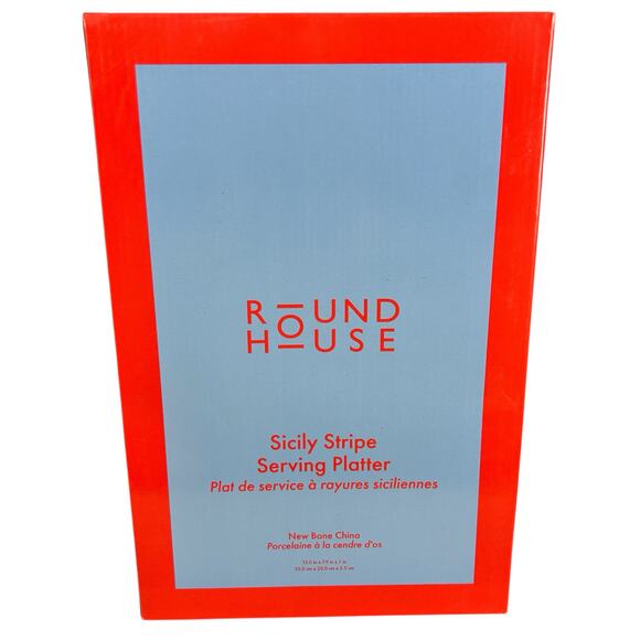 Round House Sicily Stripe Serving Platter White Blue Stripes Oval New Bone China - Picture 2 of 8